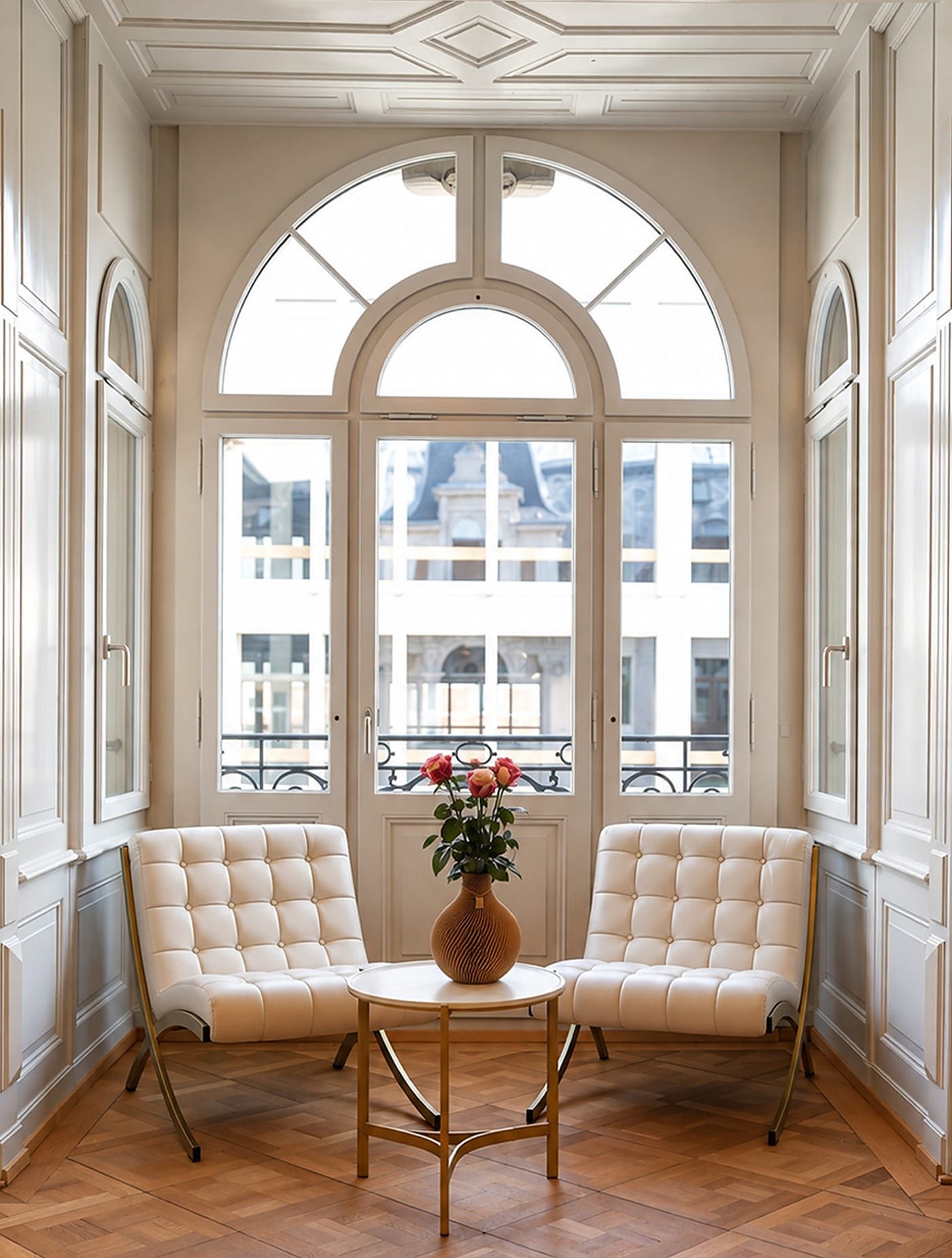 Sitzecke im Empfang der Aurea Klinik: zwei weisse Sessel vor dem Bogenfenster
