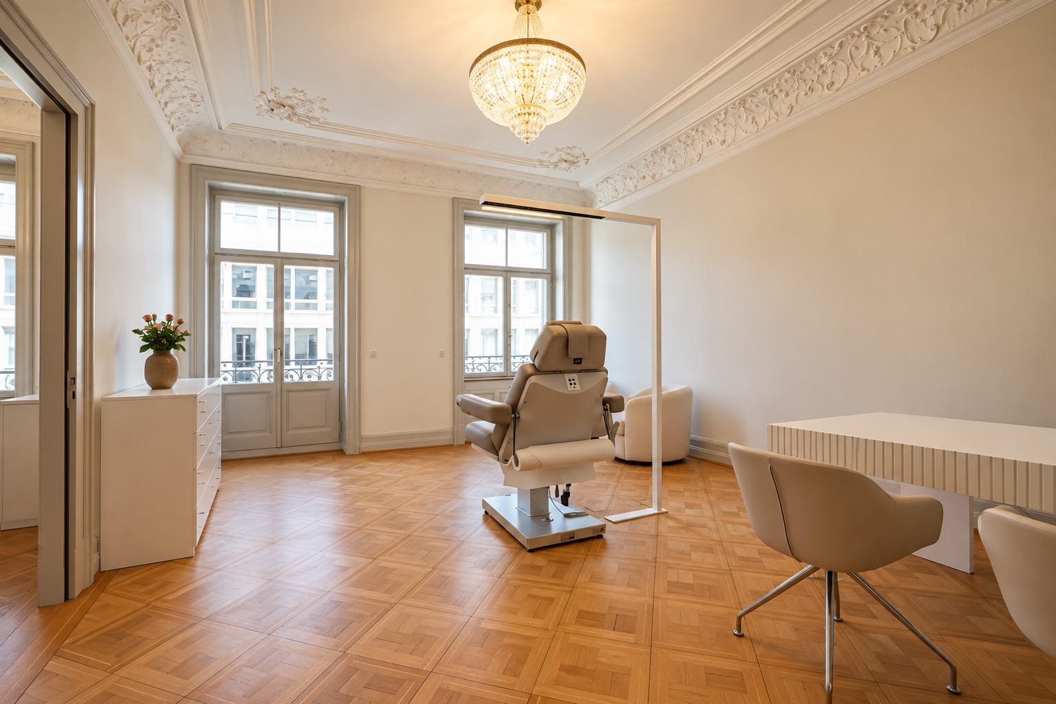 Behandlungsraum der Aurea Klinik mit Stuckdecke, Kronleuchter, Behandlungsstuhl und Beratungstisch